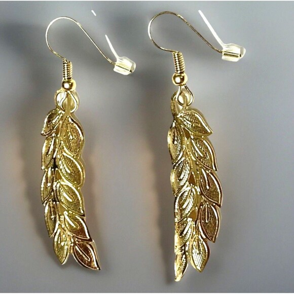 Dangle Leaf Earrings Gold Tone Detailed 3D Cutout Pattern French Wire - Picture 2 of 5